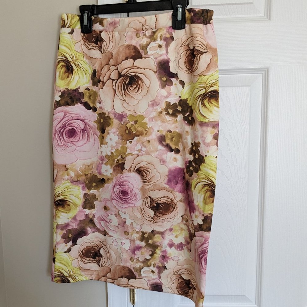 Moa Floral Tan Pink Pencil Skirt Made in U.S.A Size L
